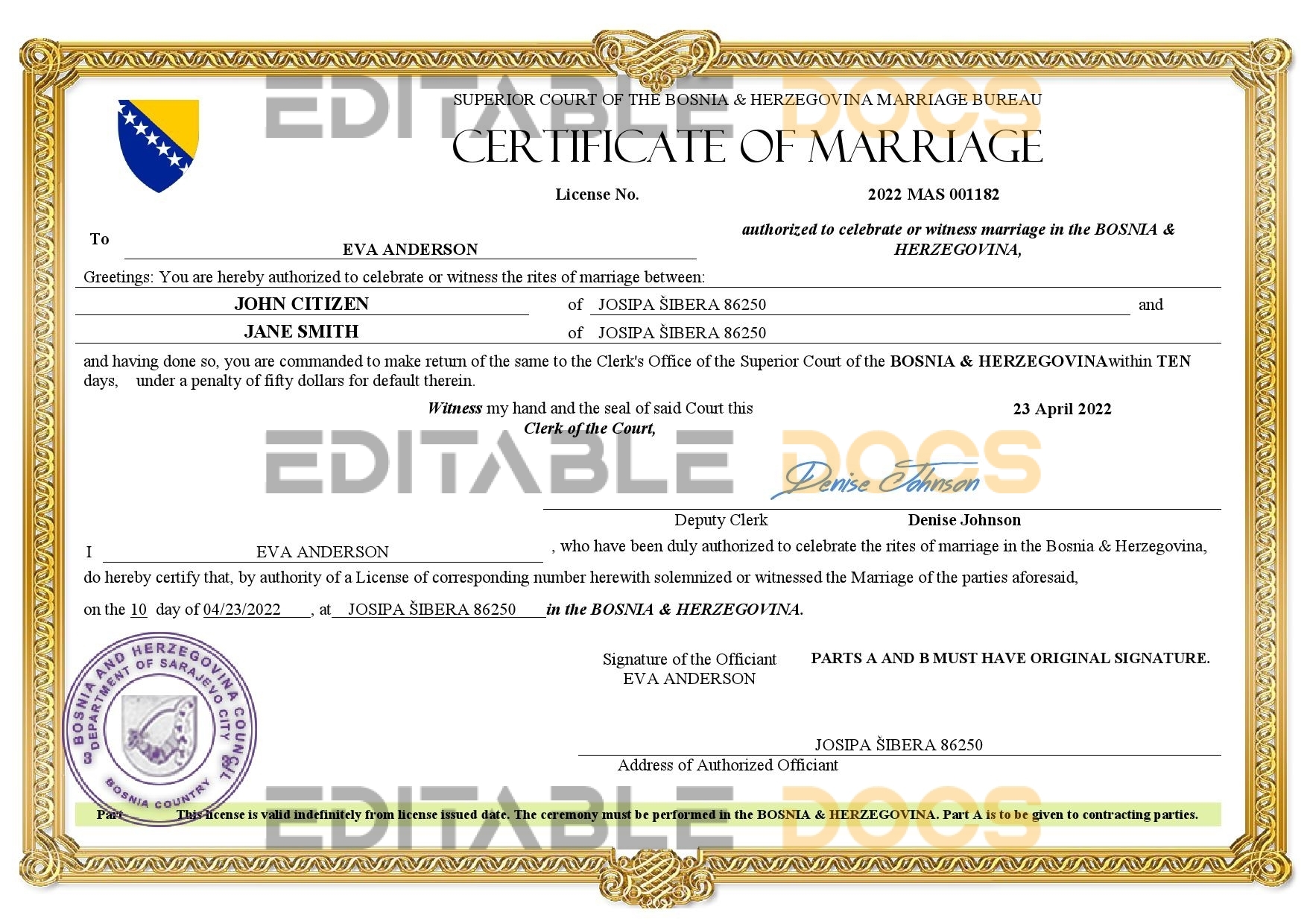 Bosnia Herzegovina Marriage Certificate | Editable PDF Templates