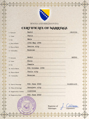 Bosnia and Herzegovina Marriage Certificate Editable PSD Templates