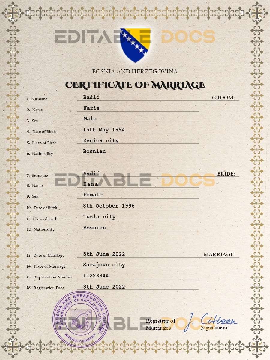 Bosnia and Herzegovina Marriage Certificate | Editable PSD Templates