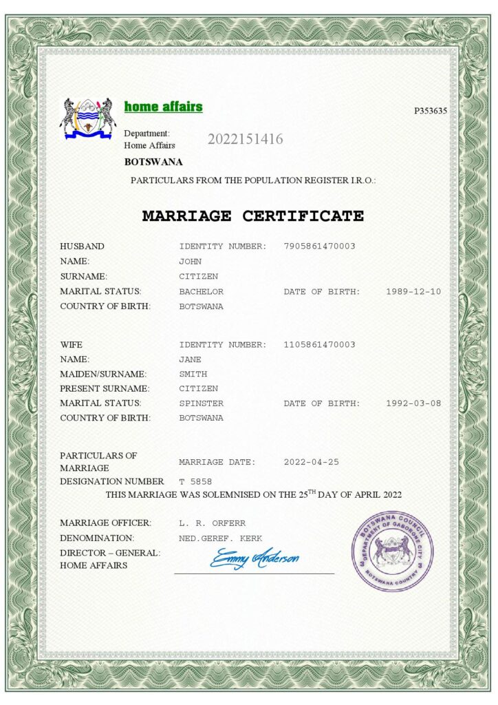 Botswana Marriage Certificate Editable PDF Templates