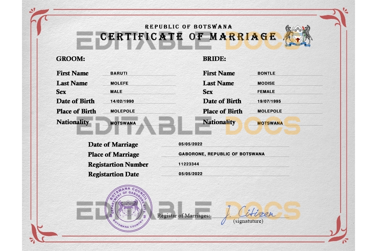 Botswana Marriage Certificate | Editable PSD Templates