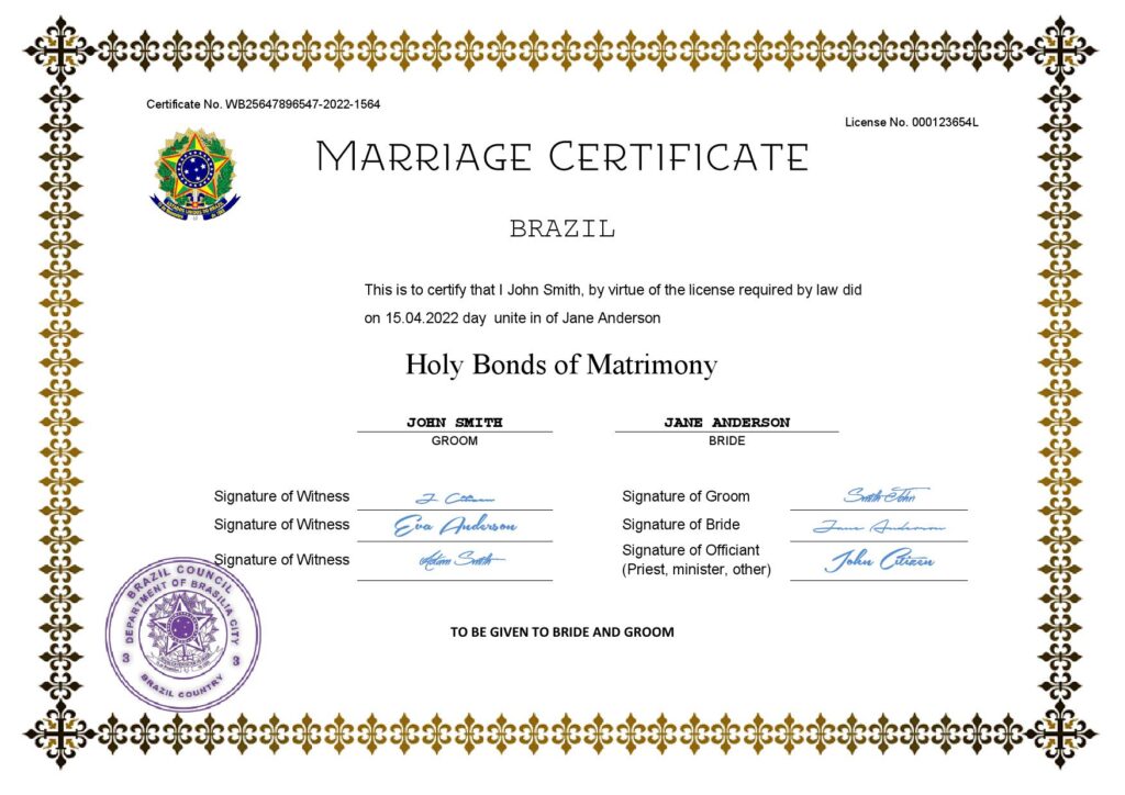 Brazil Marriage Certificate Editable PDF Templates