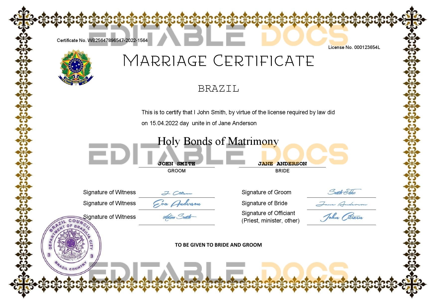 Brazil Marriage Certificate | Editable PDF Templates