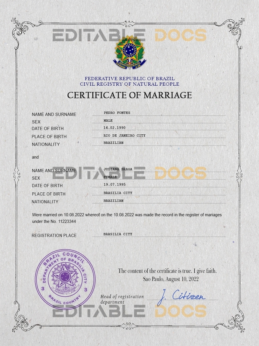 Brazil Marriage Certificate | Editable PSD Templates
