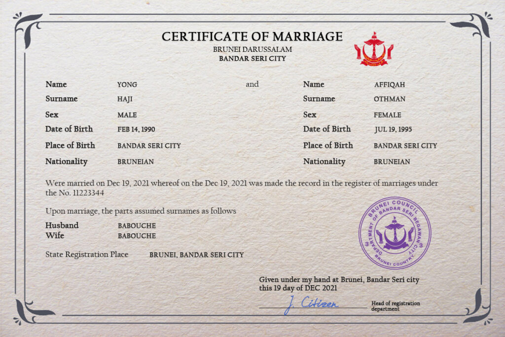 Brunei Marriage Certificate Editable PSD Templates