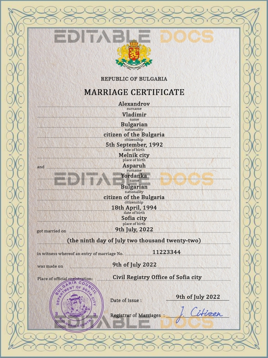 Bulgaria Marriage Certificate | Editable PSD Templates