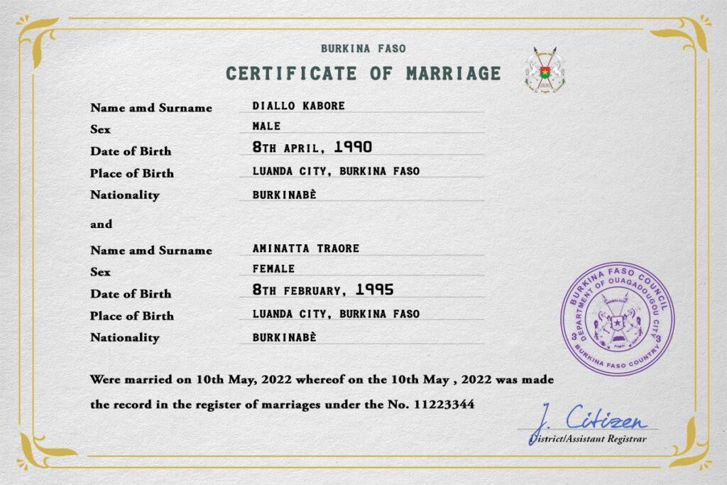 Burkina Faso Marriage Certificate Editable PSD Templates