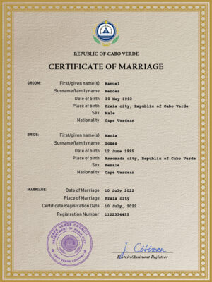 Cabo Verde Marriage Certificate Editable PSD Templates