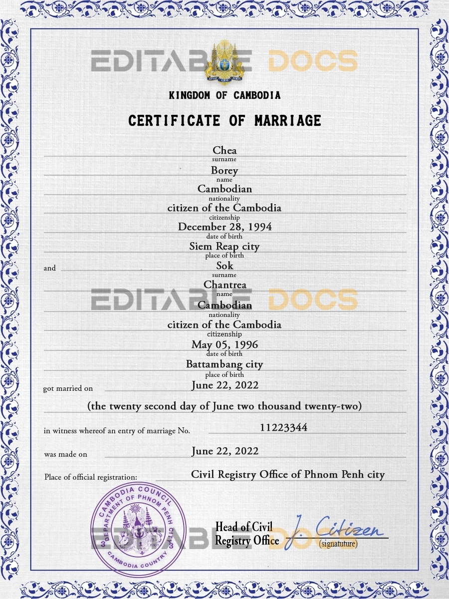 Cambodia Marriage Certificate | Editable PSD Templates