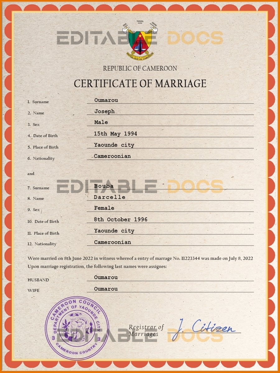Cameroon Marriage Certificate | Editable PSD Templates