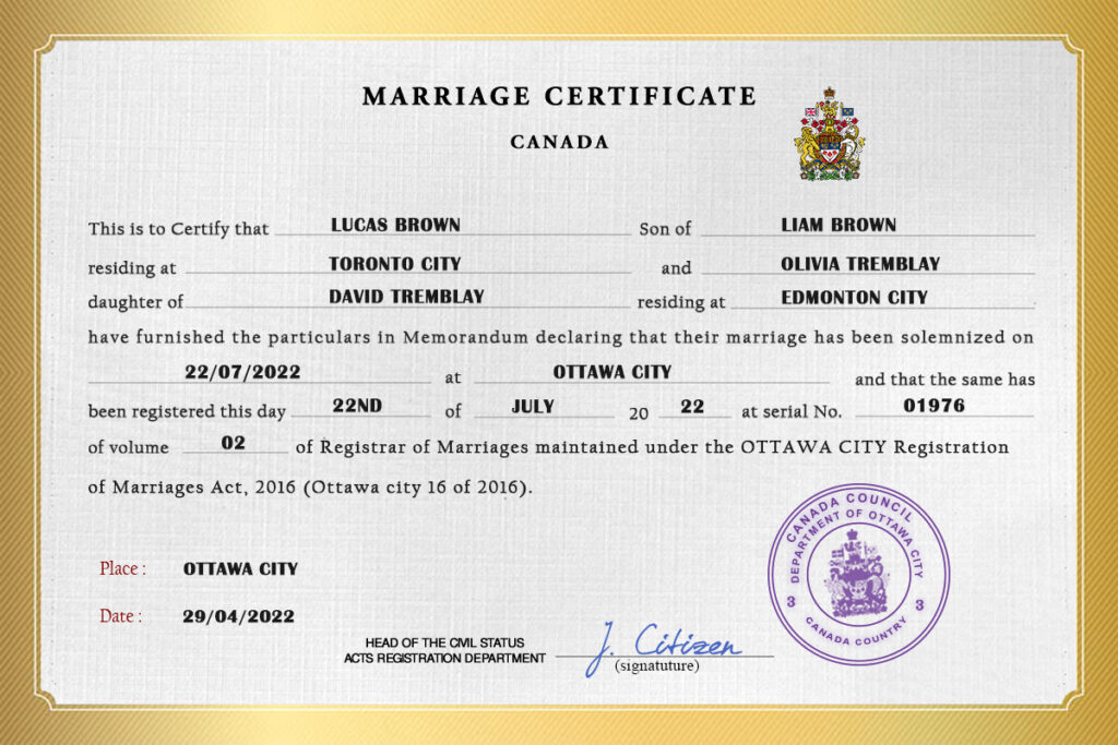 Canada Marriage Certificate Editable PSD Templates