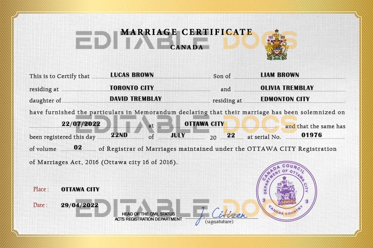 Canada Marriage Certificate | Editable PSD Templates