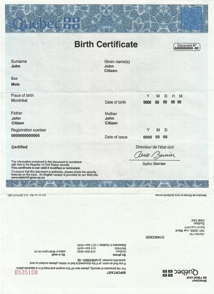 Canada Quebec Birth Certificate template in PSD format