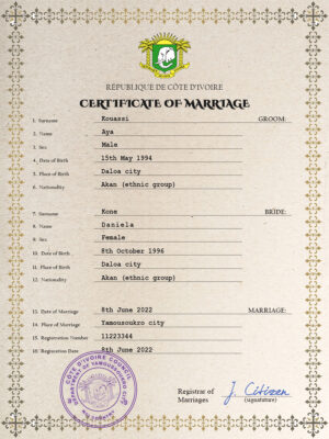 Cote dIvoire Marriage Certificate Editable PSD Templates