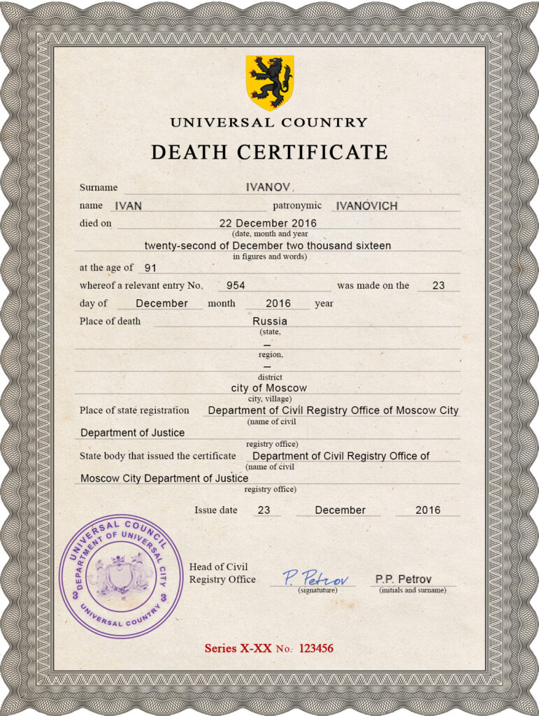 Customizable Disclosure Vital Record Universal Death Certificate PSD Templates