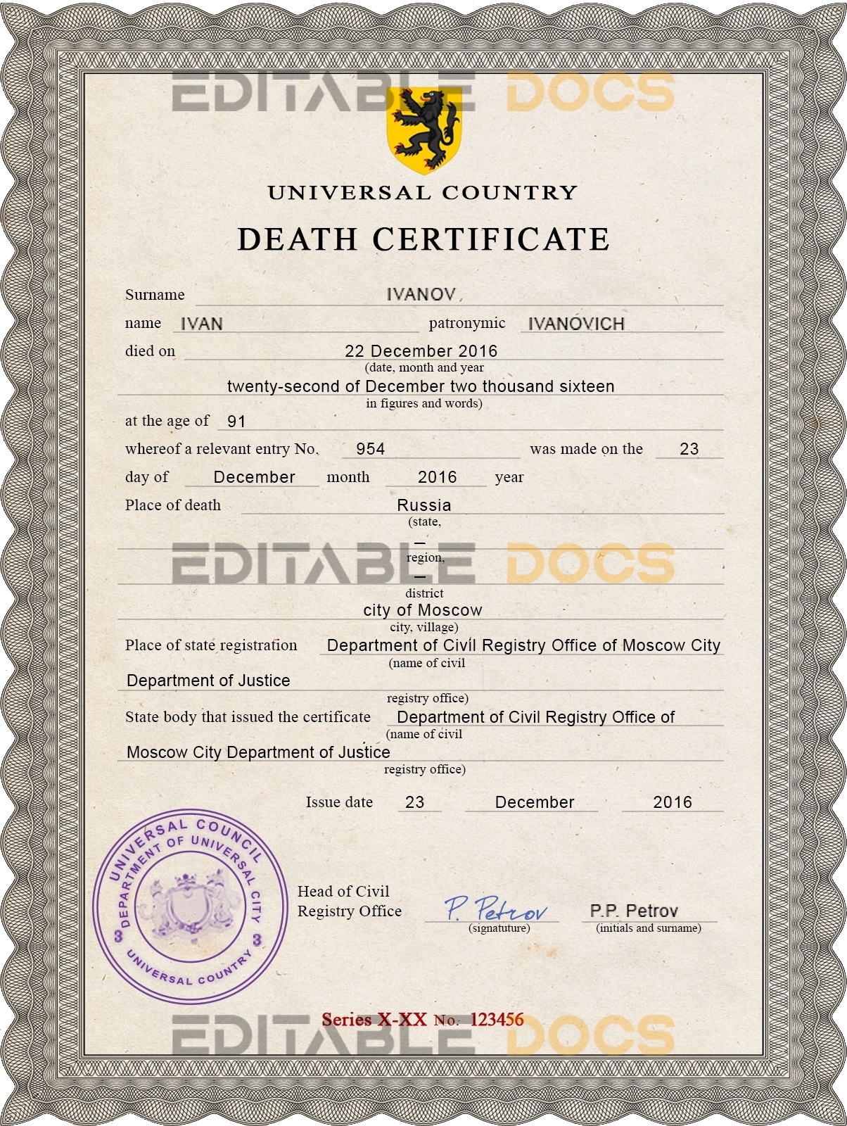 Customizable Disclosure Vital Record Universal Death Certificate PSD Templates | Instant Download