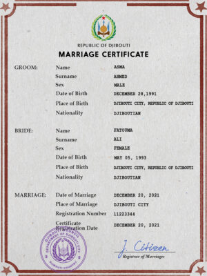 Djibouti Marriage Certificate Editable PSD Templates