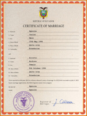 Ecuador Marriage Certificate Editable PSD Templates