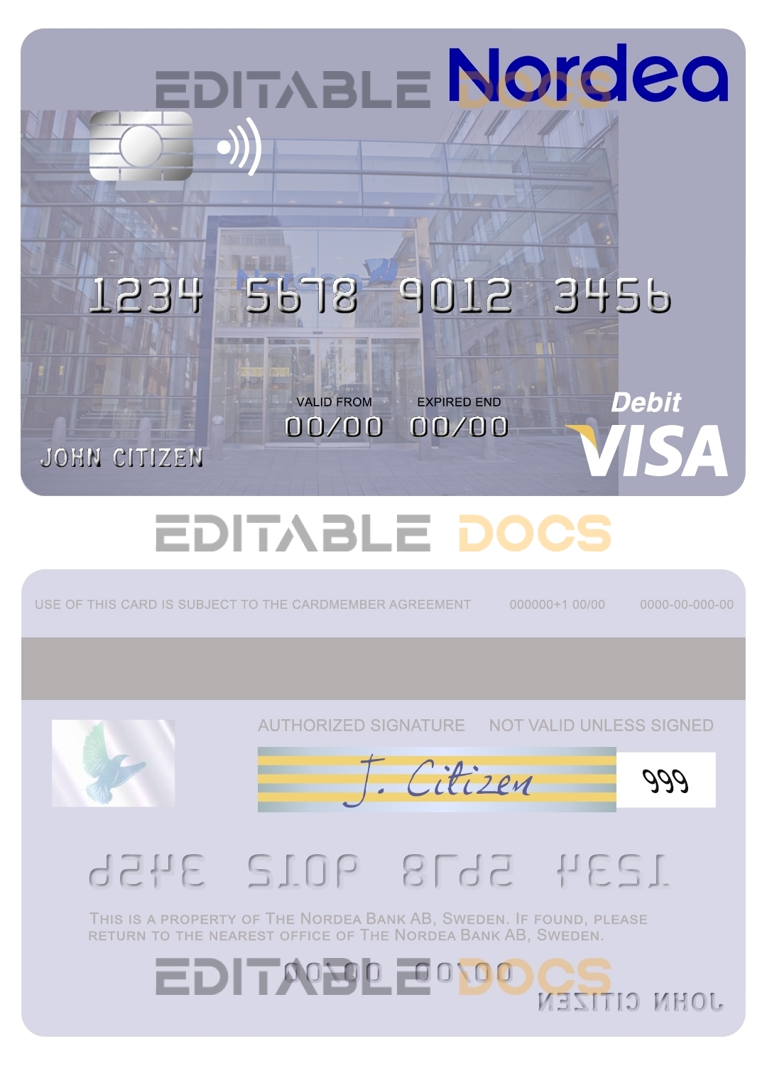 Editable Sweden Nordea Bank AB visa debit card Templates