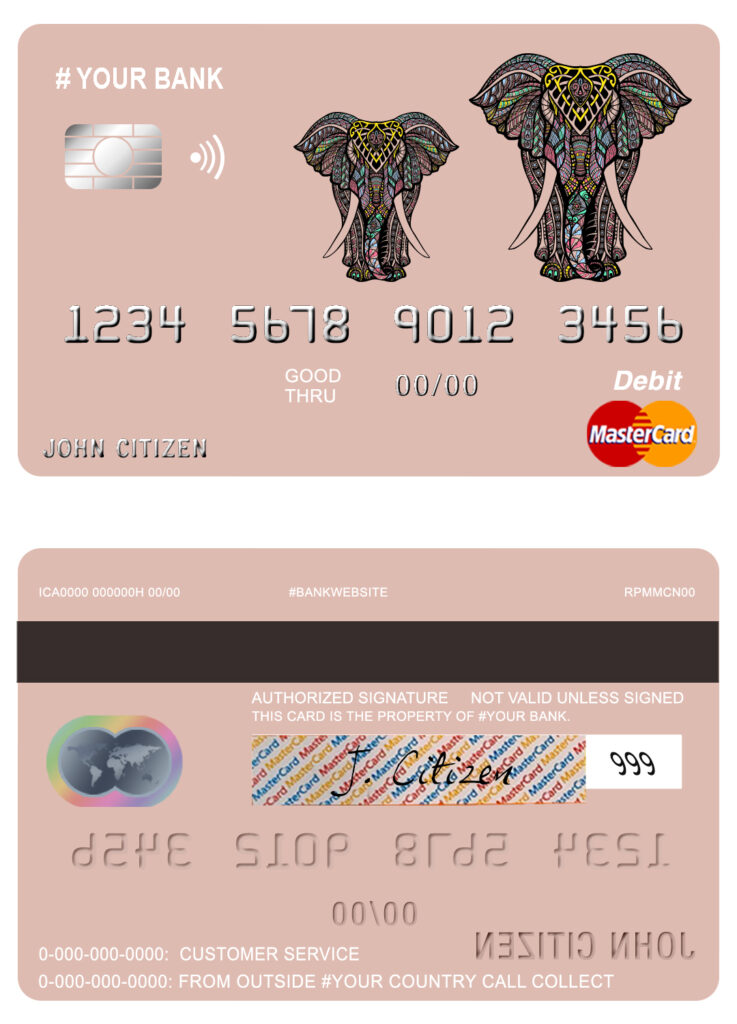Editable colored elephant multipurpose bank mastercard debit credit card Templates