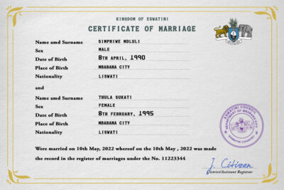 Eswatini Marriage Certificate Editable PSD Templates