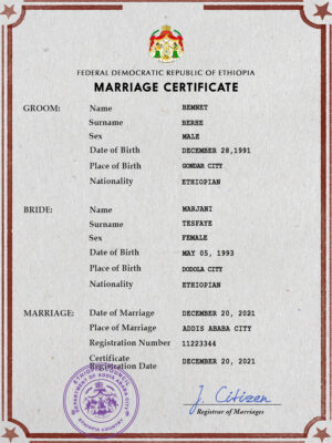 Ethiopia Marriage Certificate Editable PSD Templates