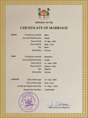 Fiji Marriage Certificate Editable PSD Templates