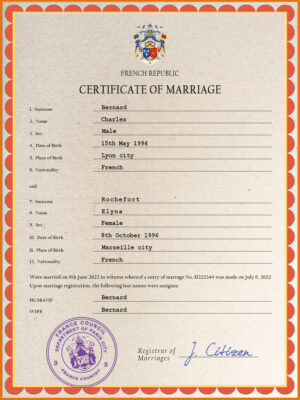 France marriage certificate Word and PDF template, completely editable