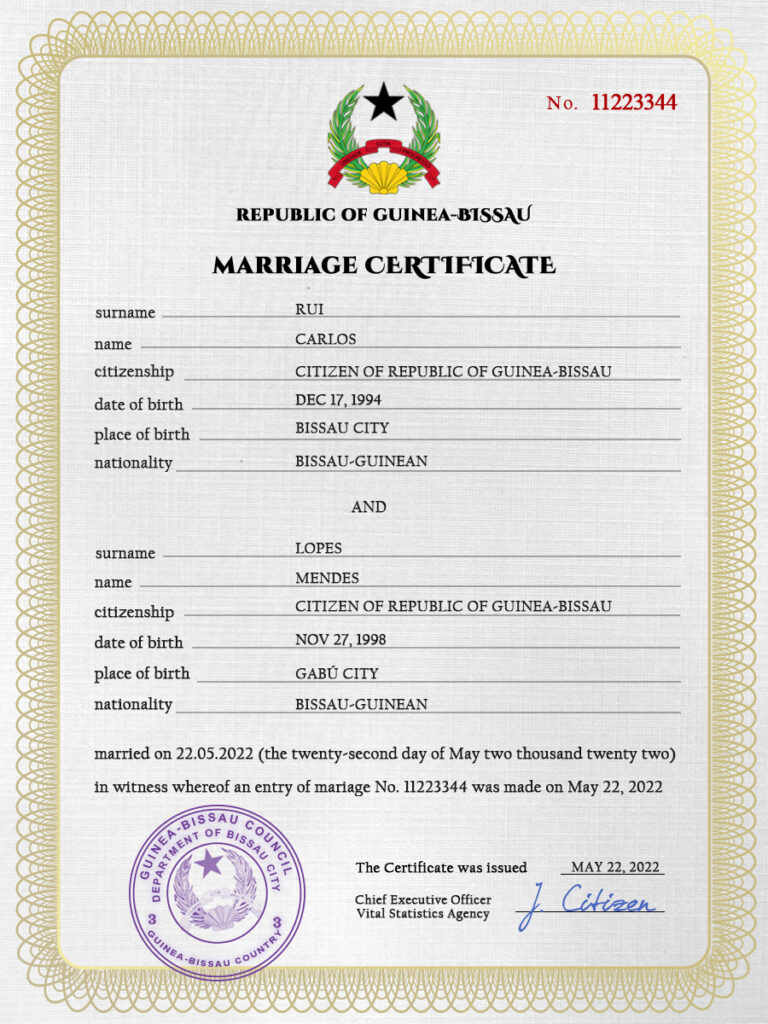 Guniea Bissau Marriage Certificate Editable PSD Templates