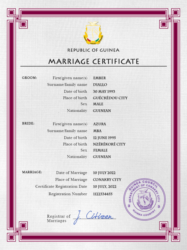 Guniea Marriage Certificate Editable PSD Templates
