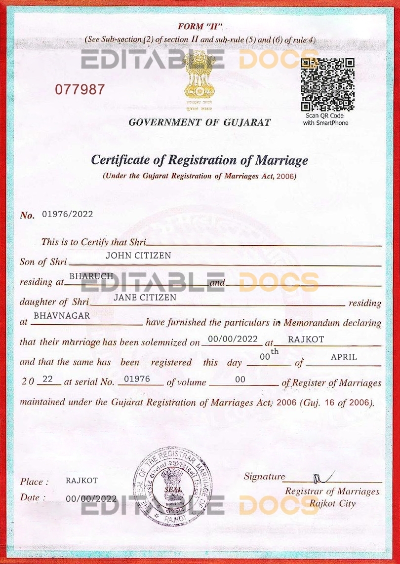 India governement of gujarat Marriage Certificate | Editable PSD Templates
