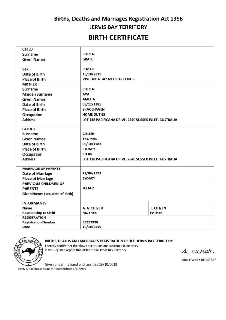 Australia Jervis Bay territory birth certificate template in Word and PDF format