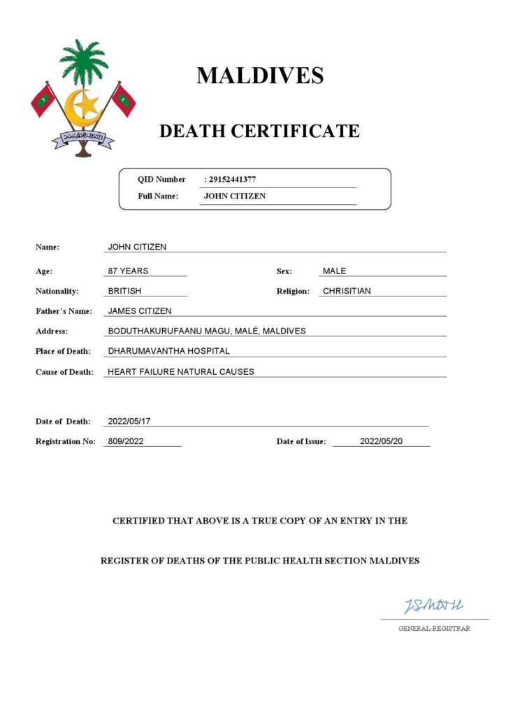 Maldives vital record death certificate Word and PDF template