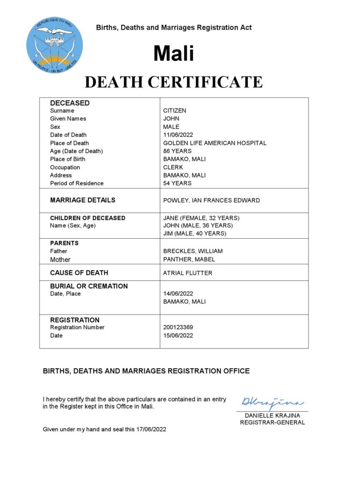 Mali vital record death certificate Word and PDF template