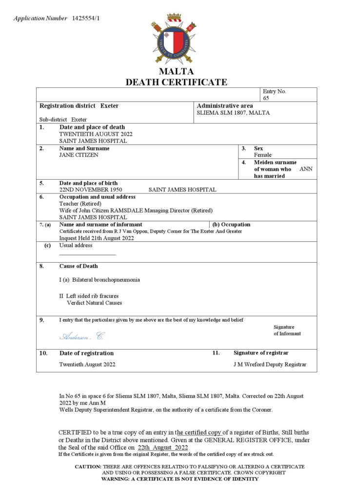Malta death certificate Word and PDF template, completely editable