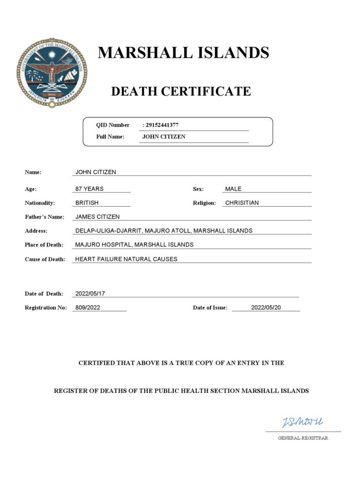Marshall Islands vital record death certificate Word and PDF template