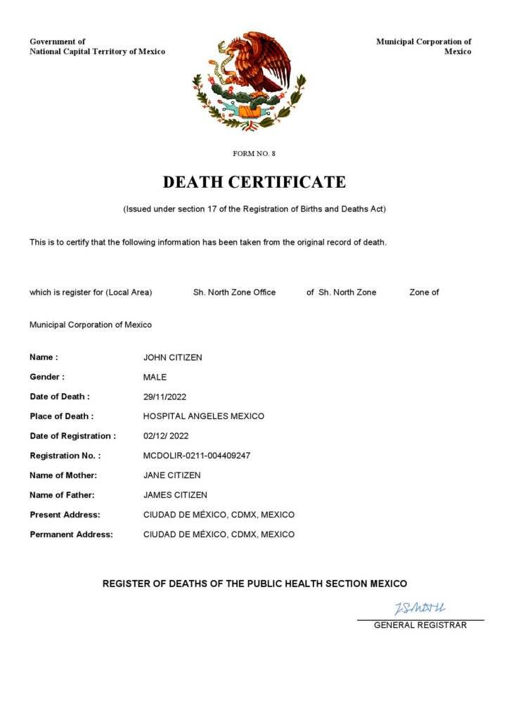 Mexico vital record death certificate Word and PDF template