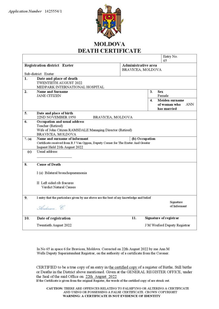 Moldova death certificate Word and PDF template, completely editable