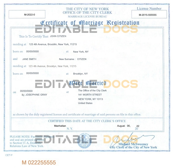 New York Marriage Certificate Editable PSD Templates
