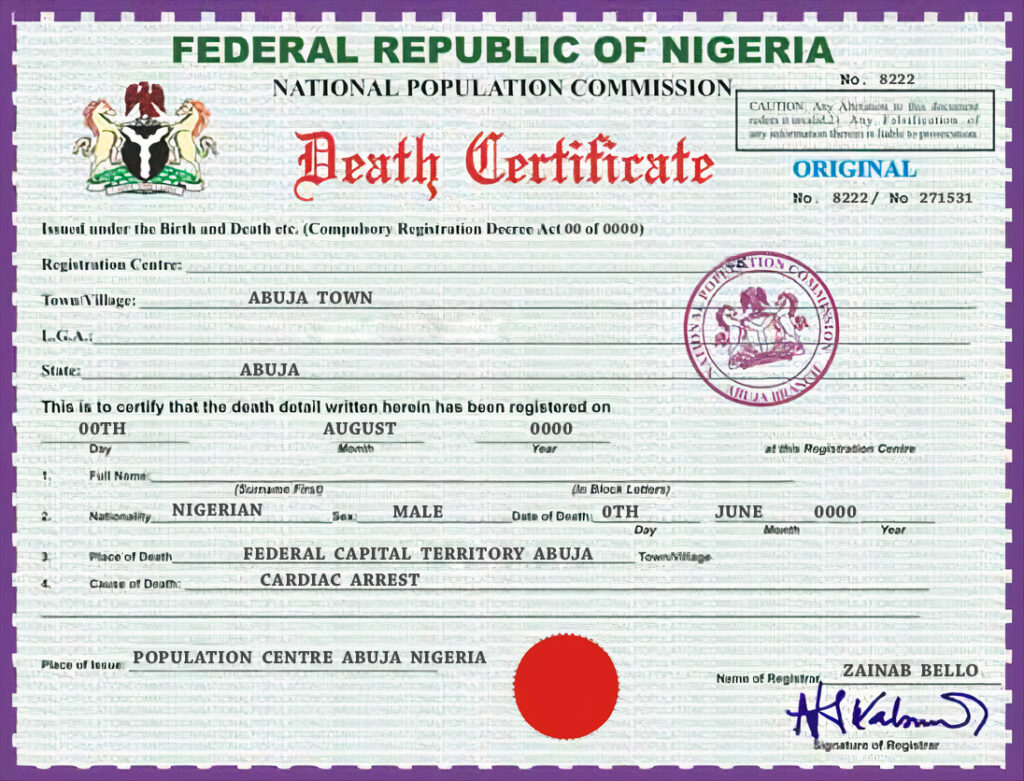 Nigeria vital record death certificate PSD template, version 2