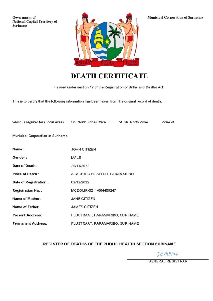 Suriname death certificate Word and PDF template, completely editable