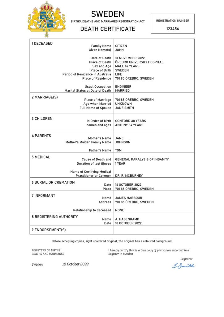 Sweden vital record death certificate Word and PDF template