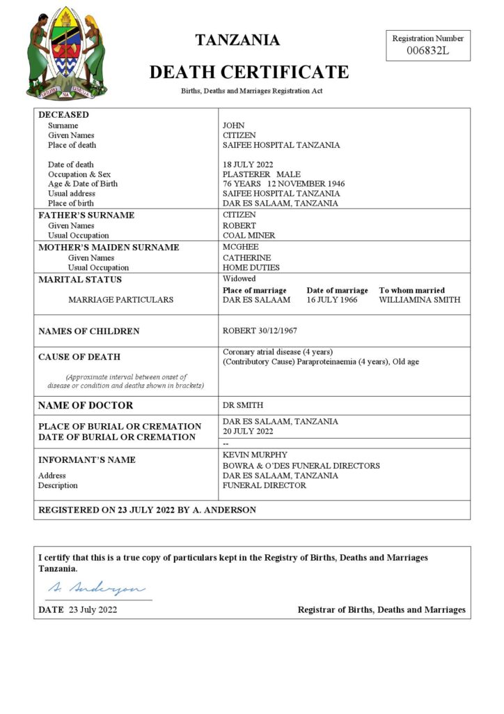 Tanzania vital record death certificate Word and PDF template