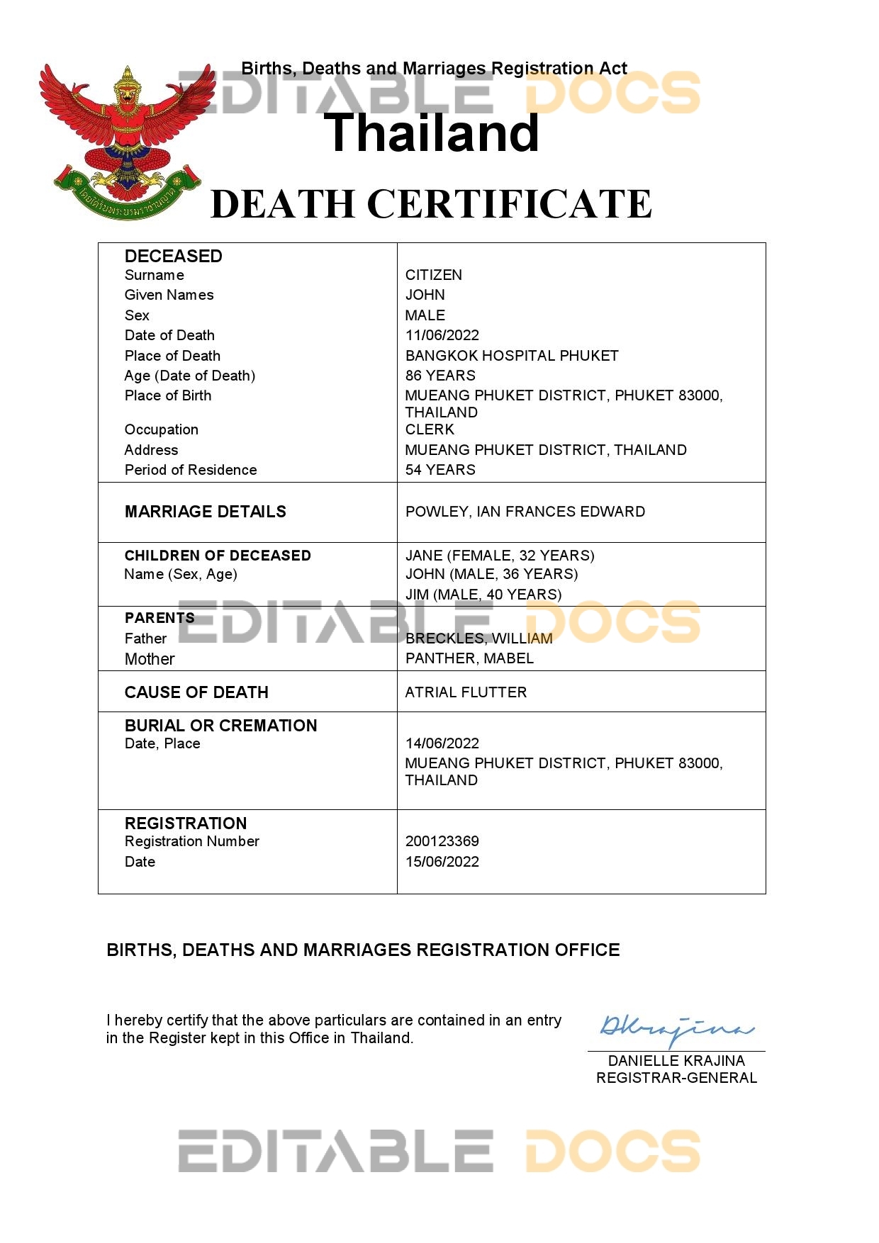 Fillable Thailand Death PDF Templates | Blank Docs