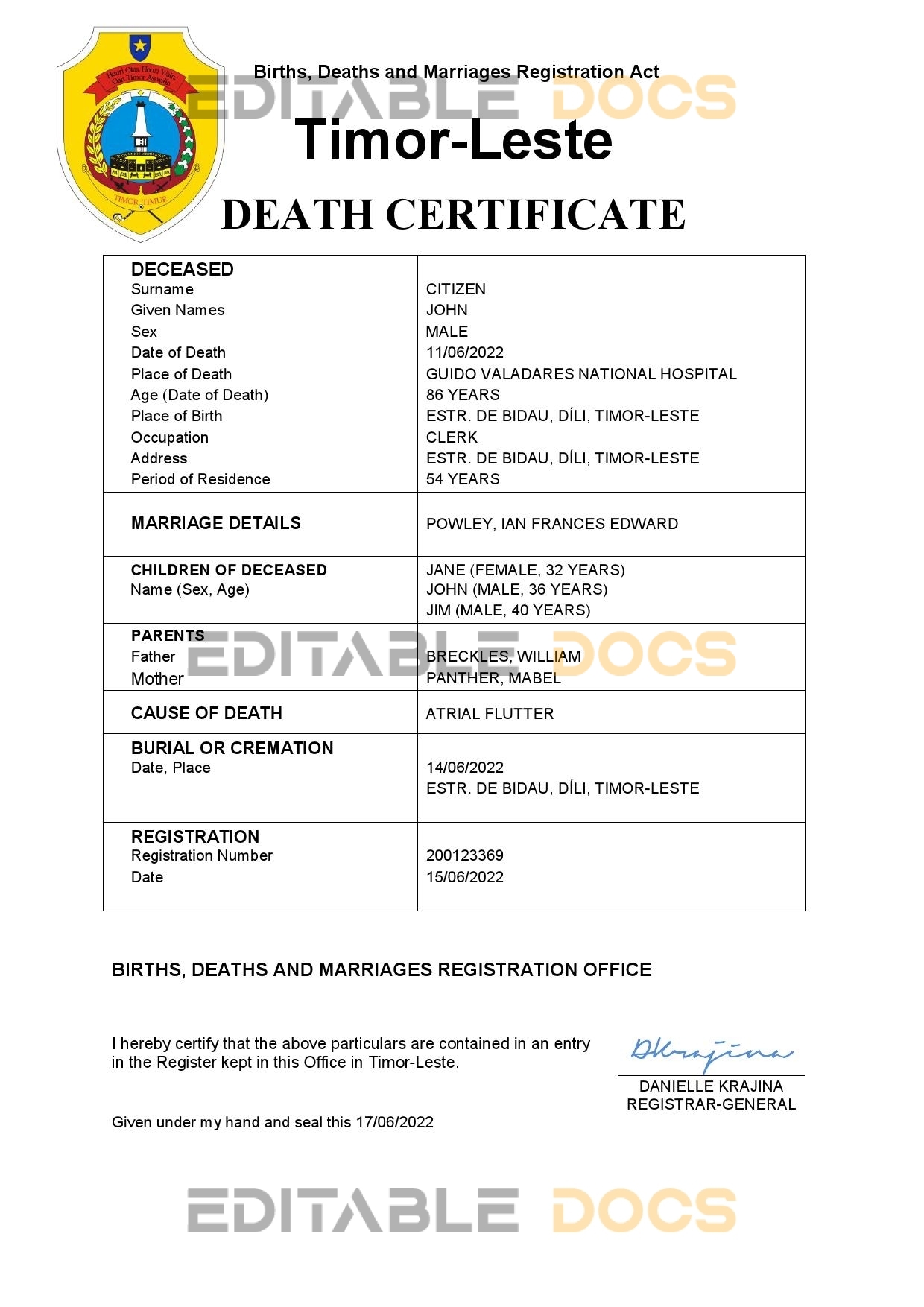 Fillable Timor-Leste Death PDF Templates | Blank Docs