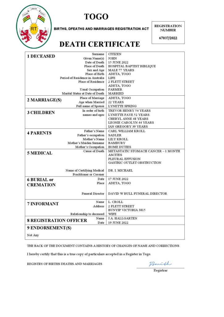 Togo vital record death certificate Word and PDF template