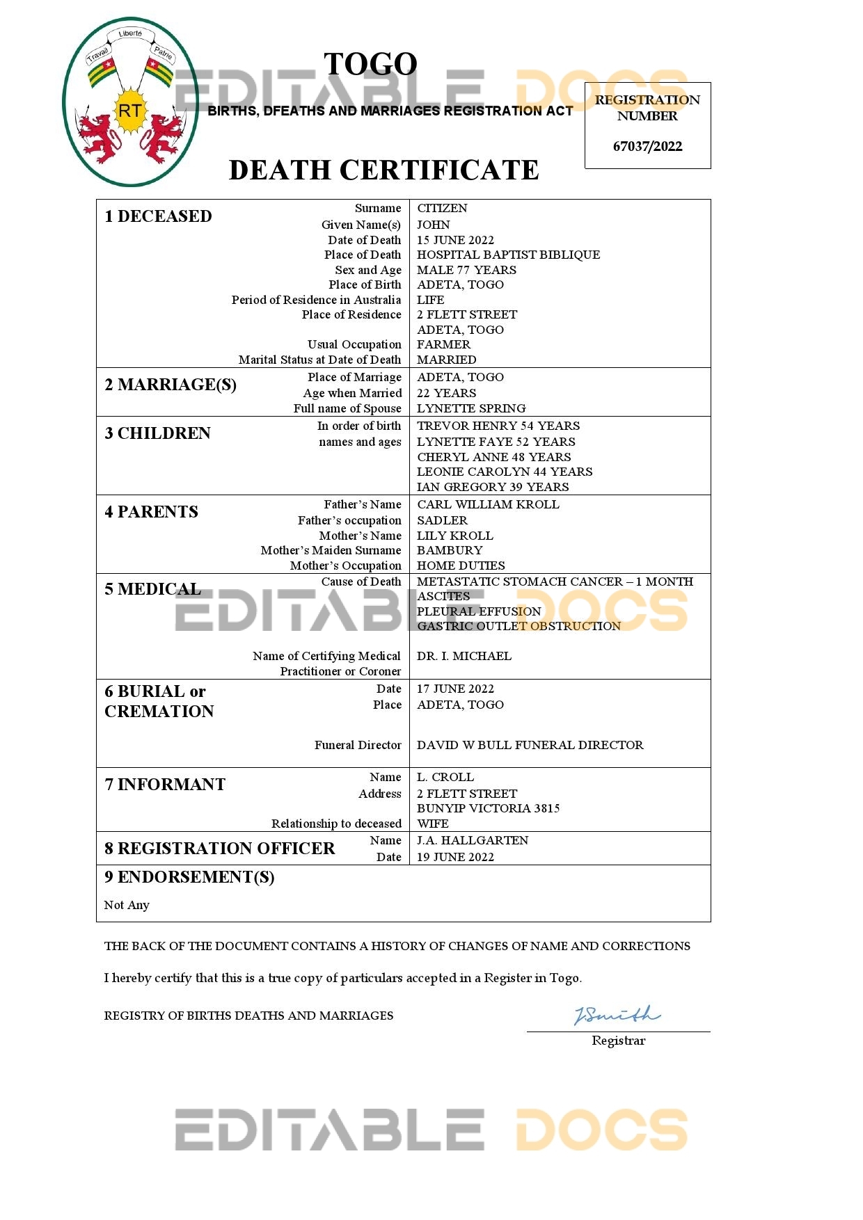 Fillable Togo Death PDF Templates | Blank Docs