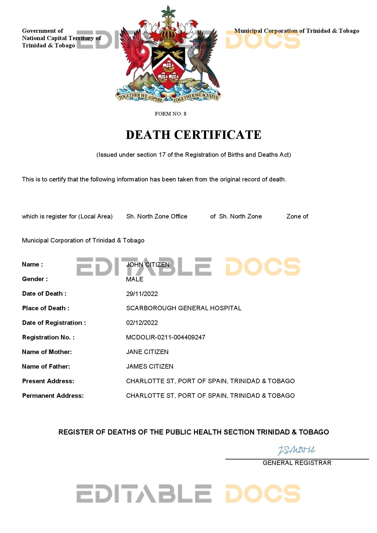 Fillable Trinidad and Tobago Death PDF Templates | Blank Docs