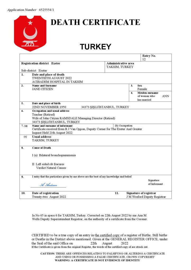 Turkey vital record death certificate Word and PDF template