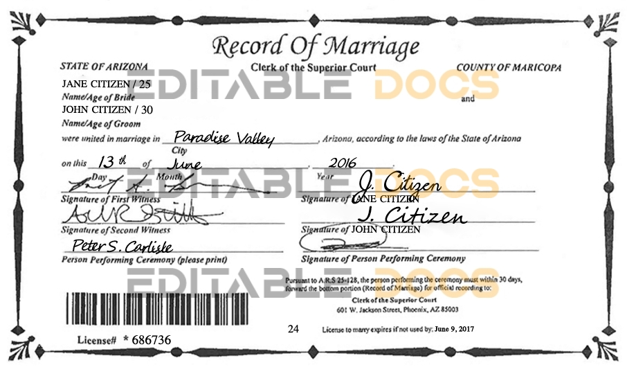 USA Arizona Marriage Certificate Editable PSD Templates
